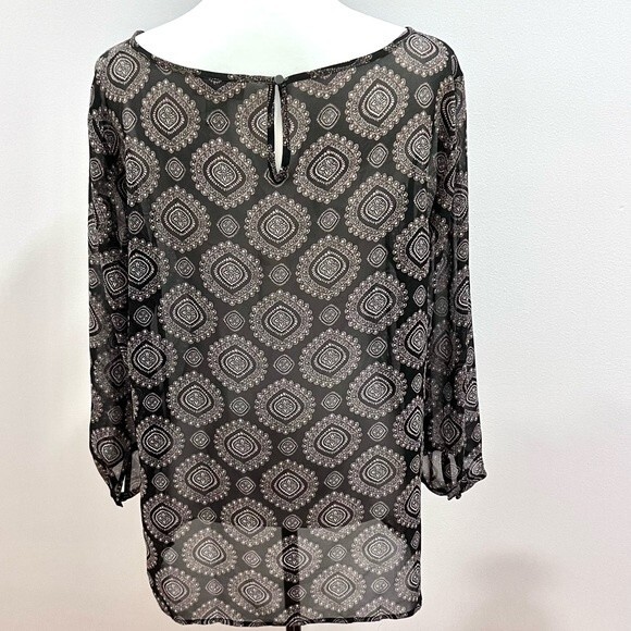 Loft long sleeve black and pink print semi sheer top size large - Picture 2 of 7